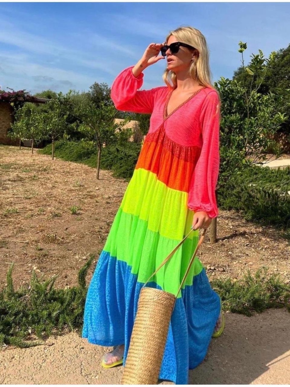 PITUSA Bright Multi-Color Tiered Maxi Dress - Pink & Blue STANDARD NEVER WORN